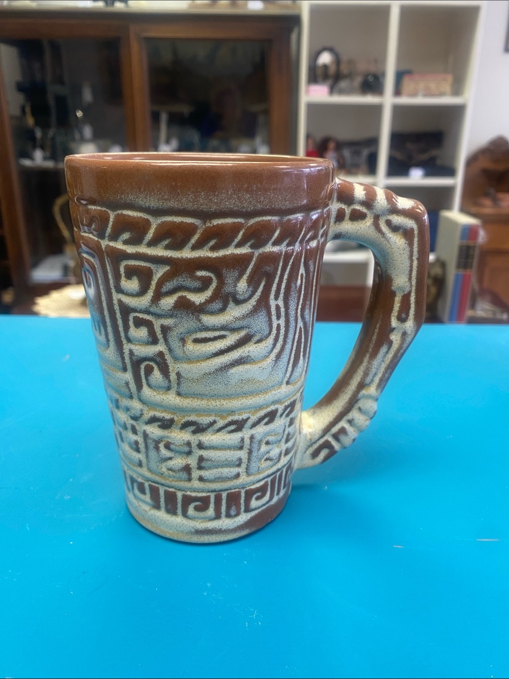 Frankoma ceramic mug Textured Brown and Cream. 5.5” tall.